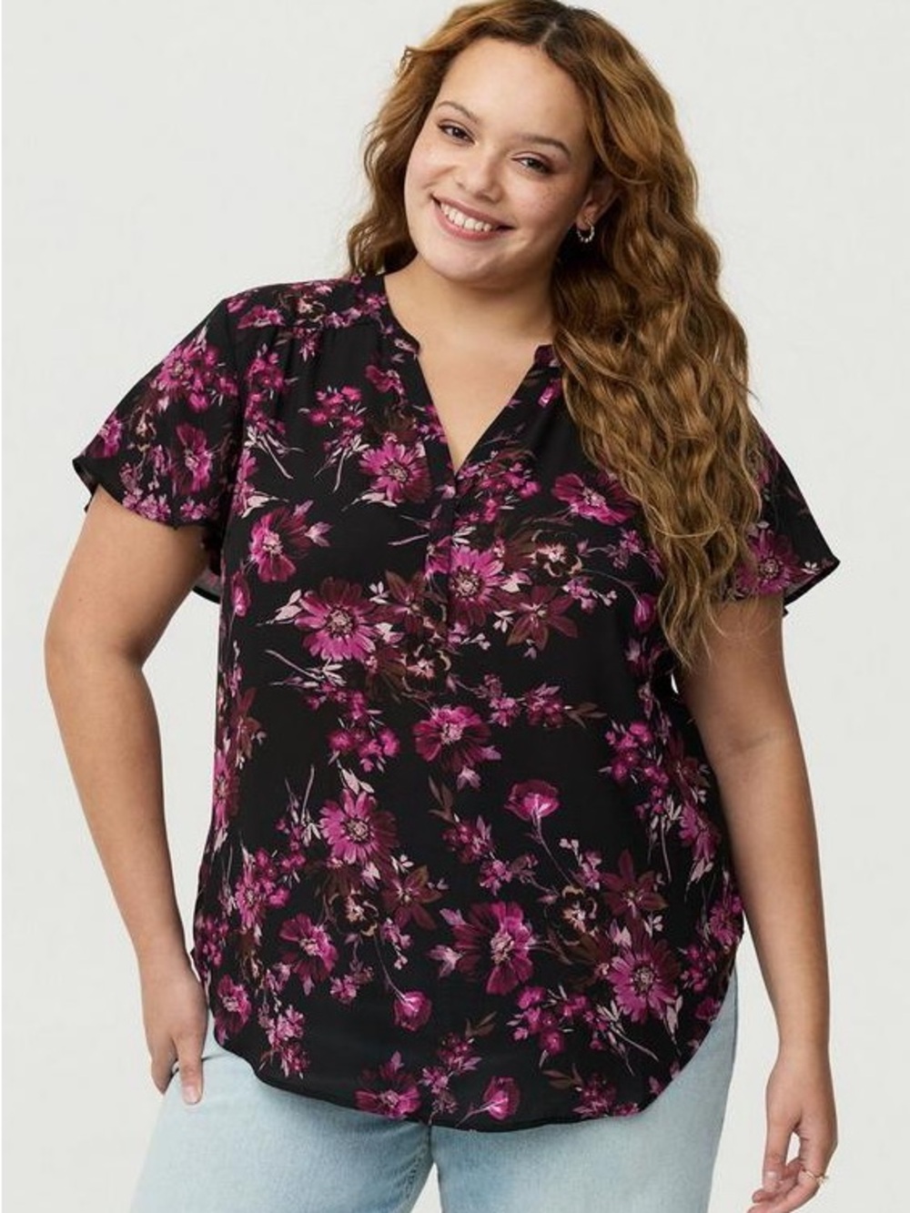 Torrid Harper Flutter Sleeve Blouse Black V-Neck Blouse 3X Floral